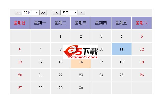 jQuery控件简易日历表格代码