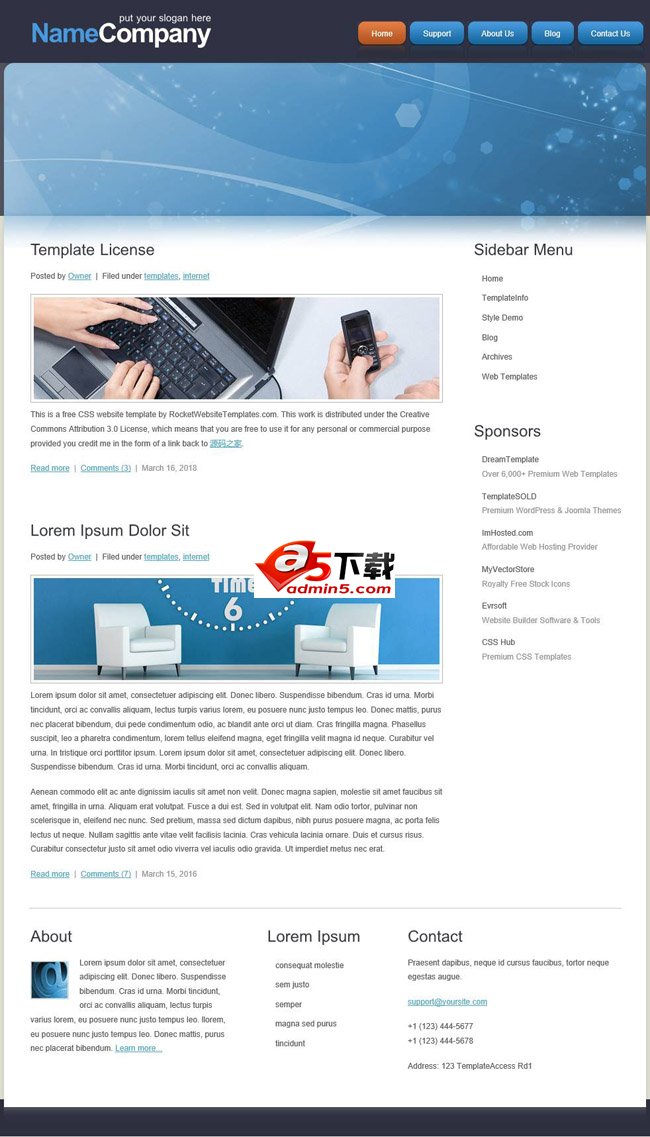 蓝色圆角按钮英文博客模板