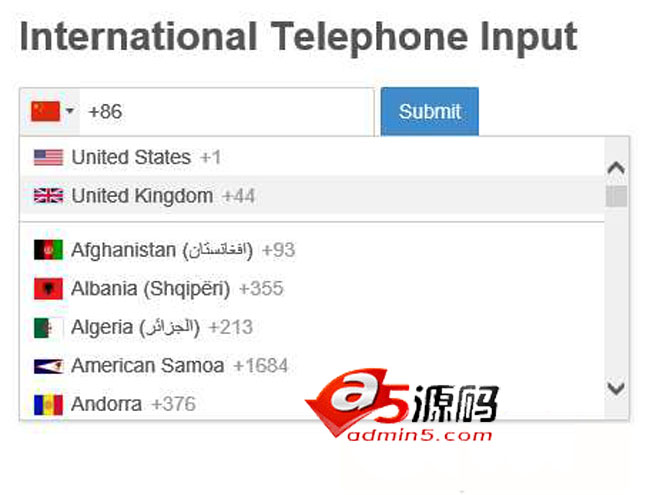 jQuery国际电话号码输入框代码