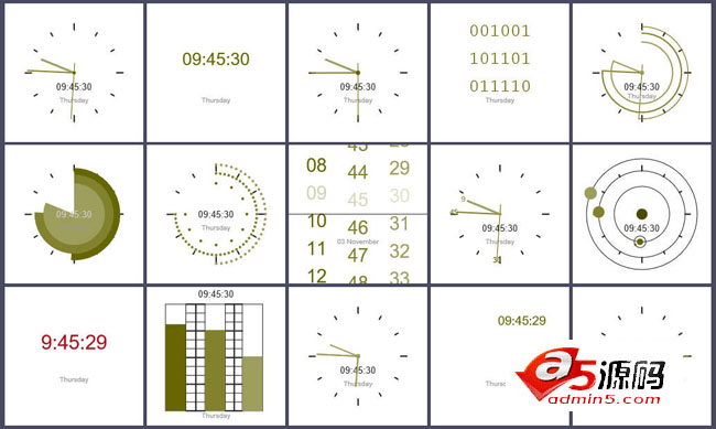 HTML5 canvas数字时钟15种样式代码