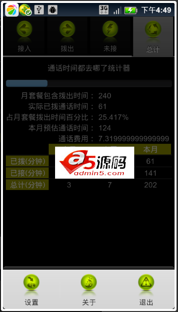 Android应用源码通话统计和话费计算项目