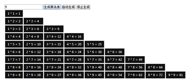 JS自动生成99乘法表代码