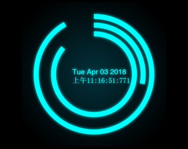 HTML5个性圆弧时钟动画特效是一款html5基于canvas绘制酷炫发光的圆弧线条走动时钟动画特效。